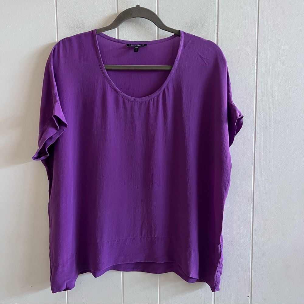 Eileen Fisher Purple Silk Oversized Boxy Short Sleeve Blouse